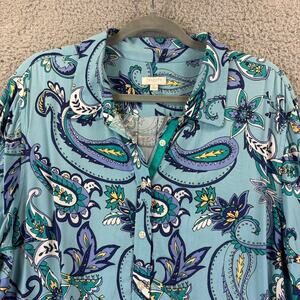 Talbots Blouse XL Blue Paisley Boho Preppy Floral Whimsical Colorful Roll Tab